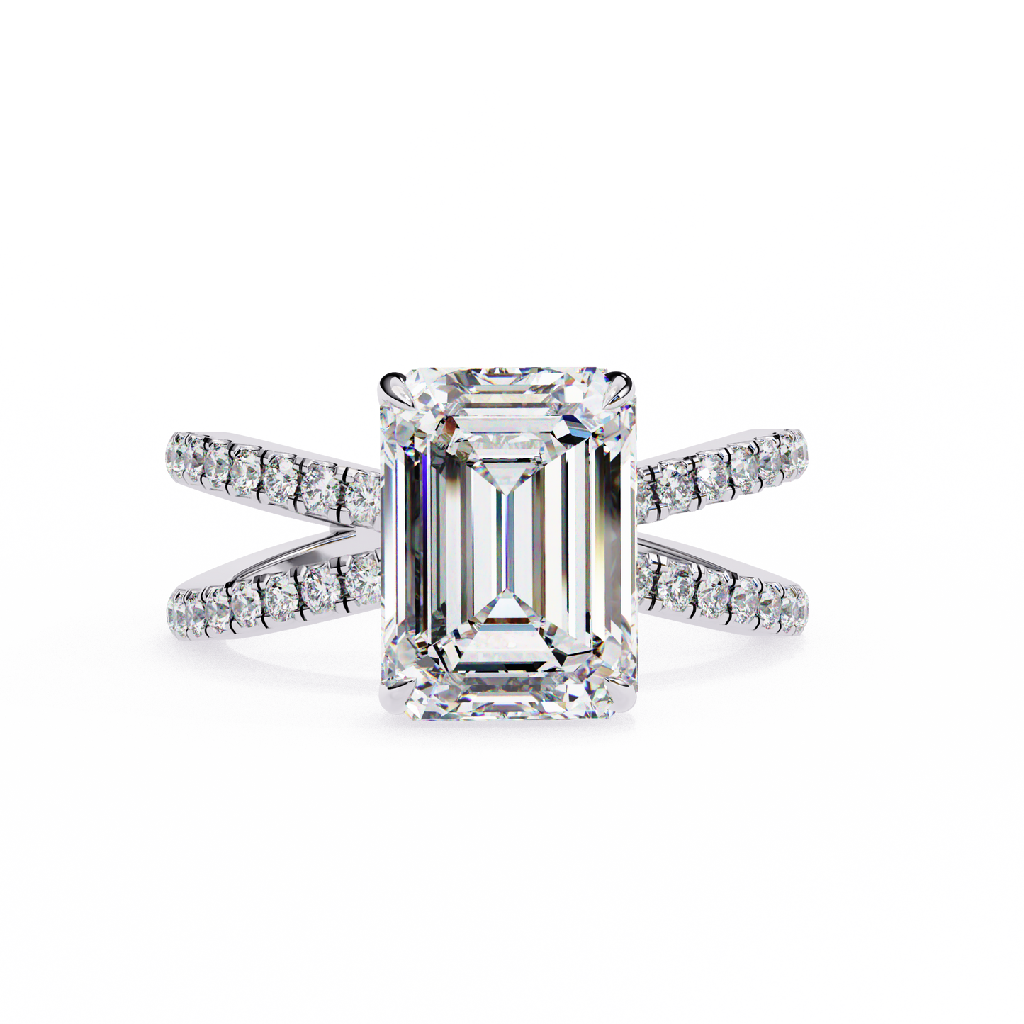 Ophelia - 2.6ct Emerald-Cut Solitaire Engagement Ring with Hidden Halo and X Studded Band