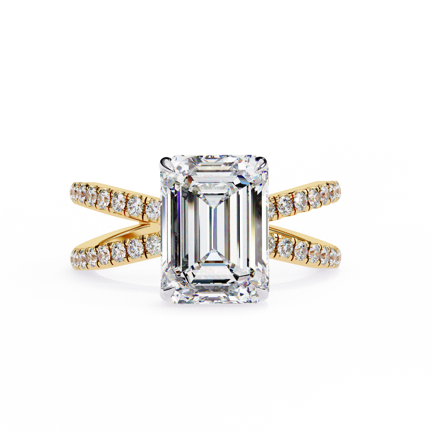 Ophelia - 2.6ct Emerald-Cut Solitaire Engagement Ring with Hidden Halo and X Studded Band