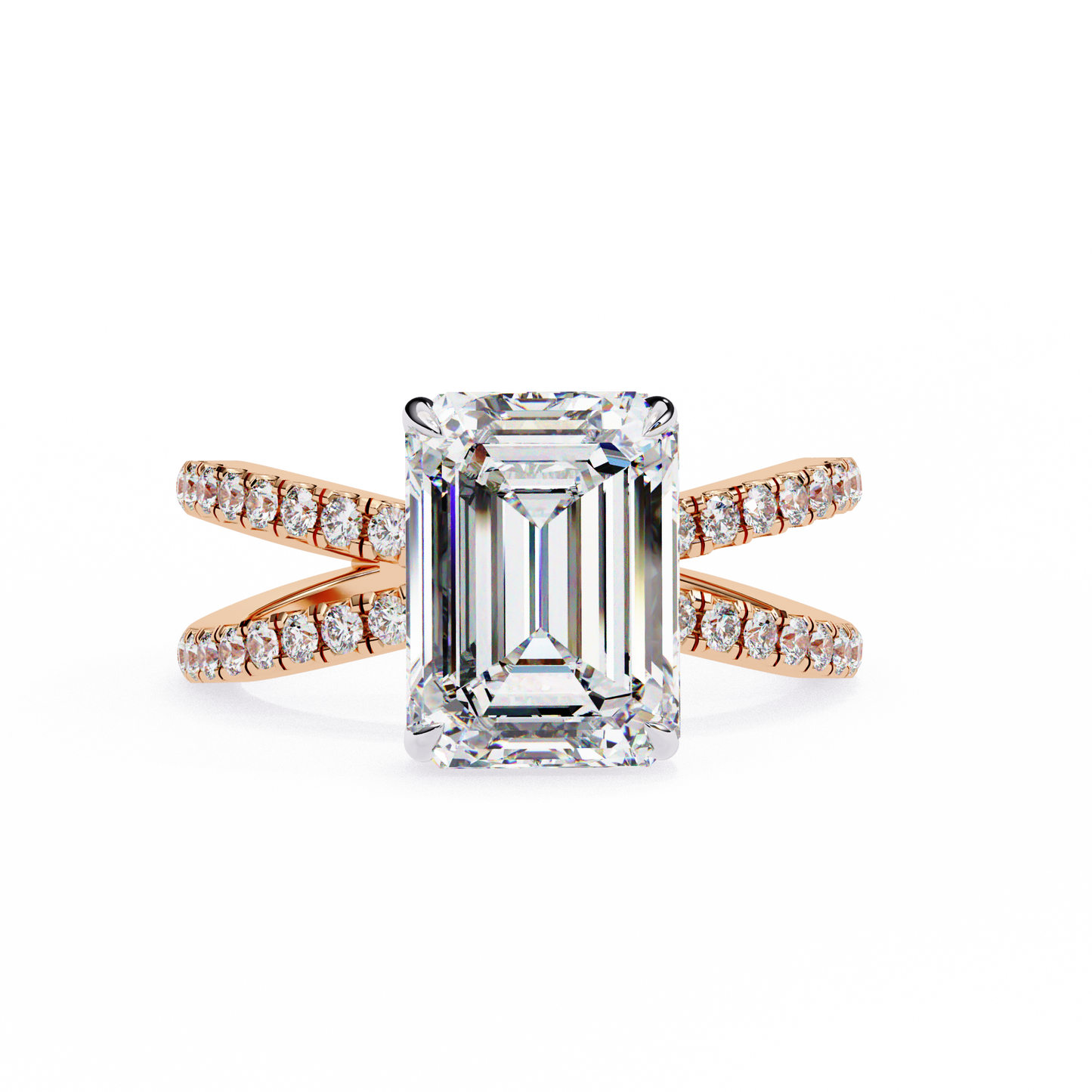 Ophelia - 2.6ct Emerald-Cut Solitaire Engagement Ring with Hidden Halo and X Studded Band